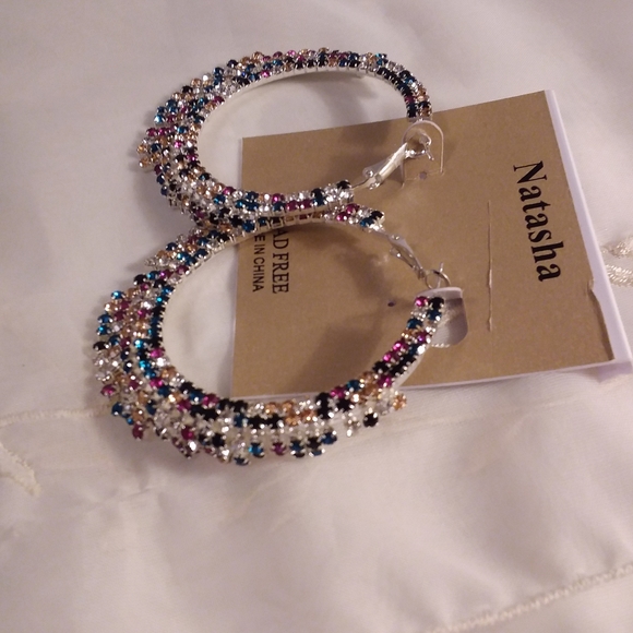 Silver Tone Hoop Dangle Pierce Earrings Natasha - Picture 2 of 6